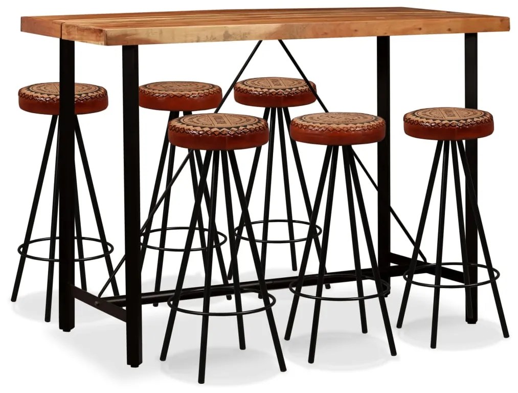 275135 vidaXL Бар комплект, 7 части, акация масив, естествена кожа и канава
