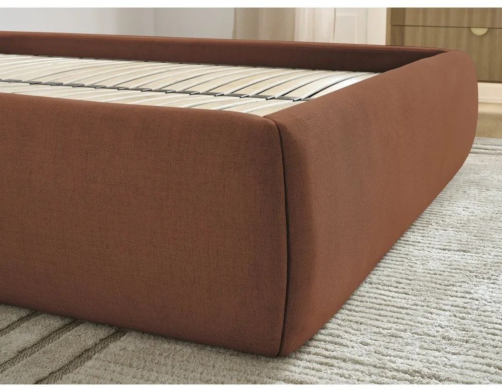 Оранжево тапицирано двойно легло без табла с място за съхранение и включена подматрачна рамка 160x200 cm Inera – Bobochic Paris