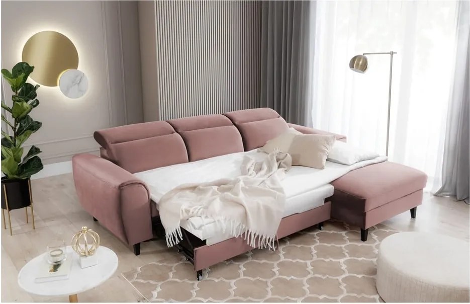 Розов кадифен разтегателен ъглов диван с място за съхранение (десен ъгъл) Foble – ELTAP