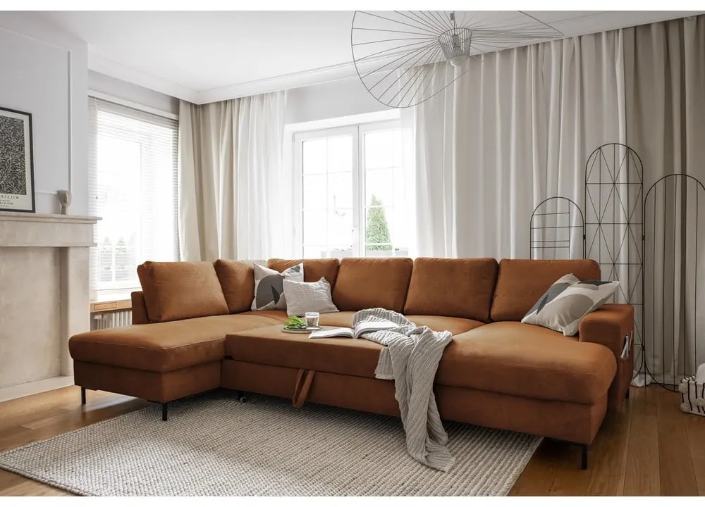 Оранжево-кафяв разтегателен ъглов диван от рипсено кадифе (ляв ъгъл) Lofty Lilly – Miuform
