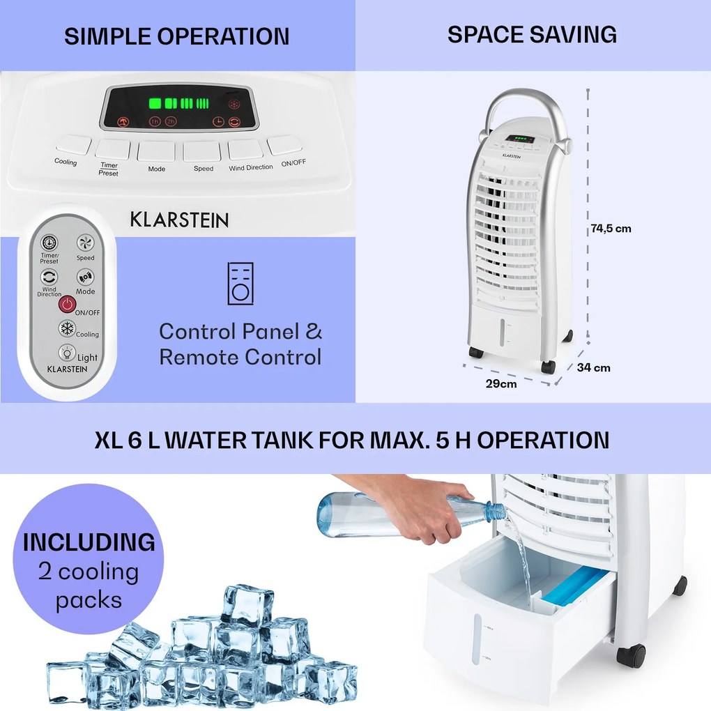Klarstein Maxfresh, охладител на въздуха, 4 in 1, 6L, 65W, дистанционно управление, пакети лед