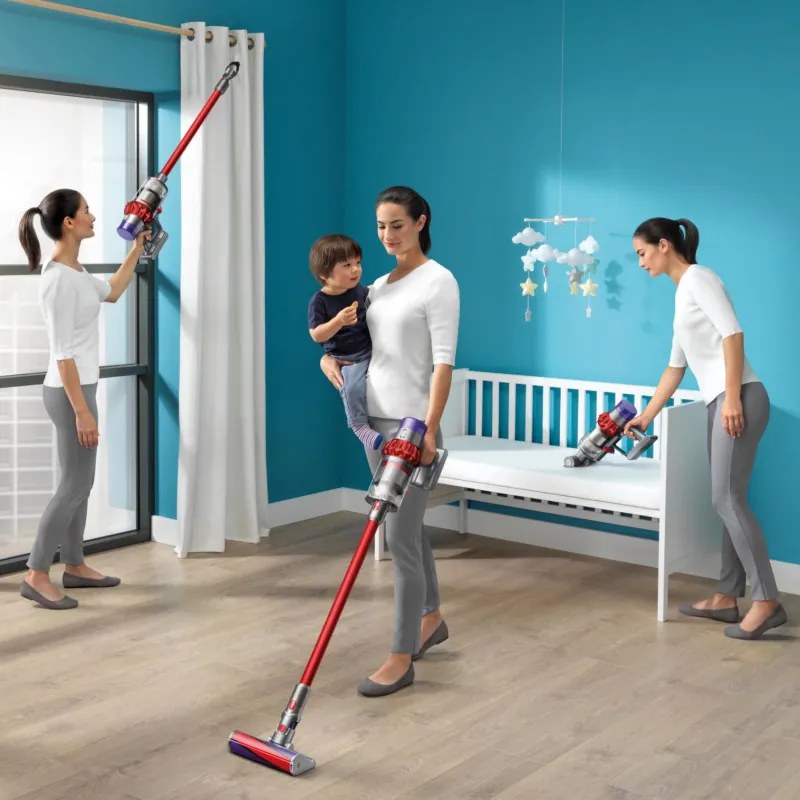 Вертикална прахосмукачка Dyson V10 Origin 394464-01, 525W, 151AW, 0.76l, 125000 об/мин, 60 мин, 3 режима, Motorbar четка, Никел/червен