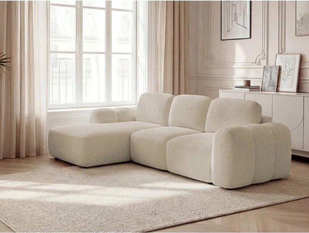 Бежов сгъваем/с място за съхранение ъглов диван от прежда с примки от букле (ляв ъгъл) Montaigne – Bobochic Paris