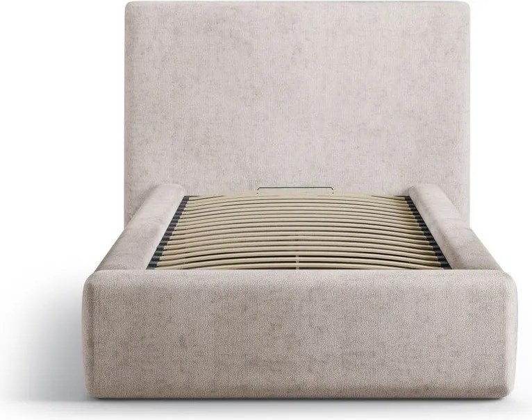 Бежово единично легло 90x200 cm тапицирано с място за съхранение с включена подматрачна рамка Amy – Micadoni