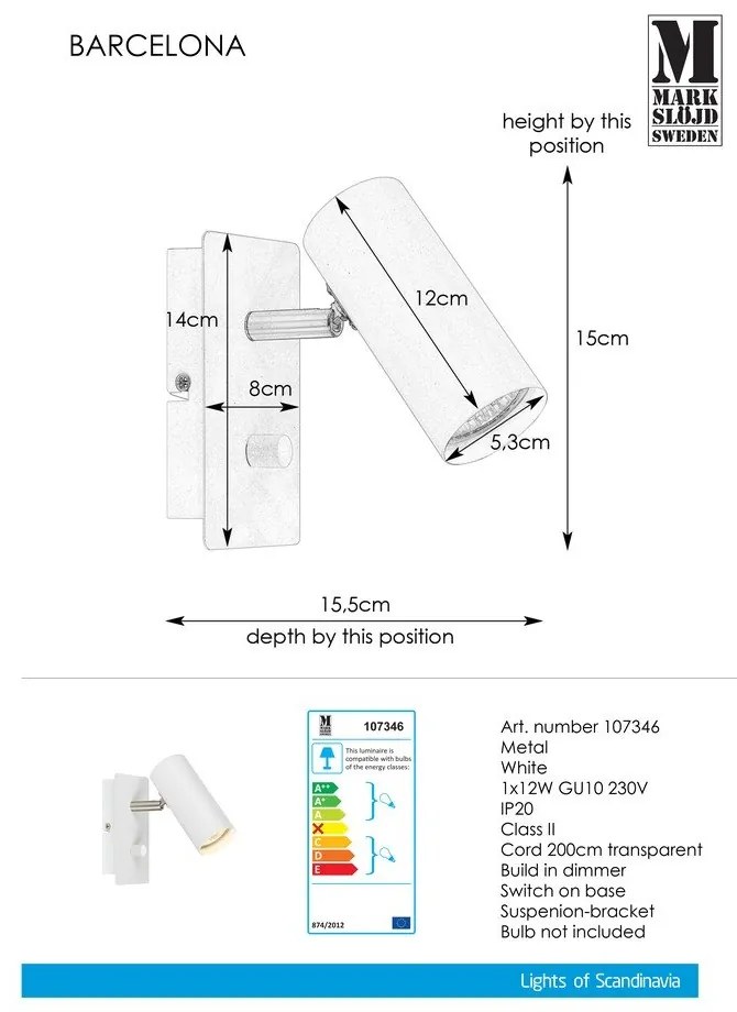 Бяла стенна лампа Barcelona - Markslöjd