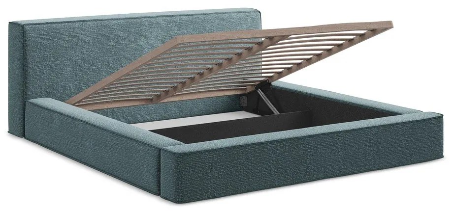 Синьо тапицирано двойно легло с място за съхранение и решетка 180x200 cm Noho - Makamii