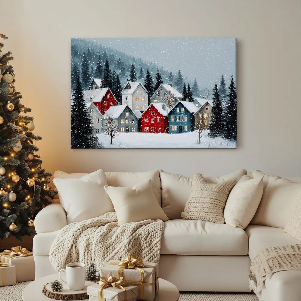 Картина на платно – Коледно селце под снежна покривка