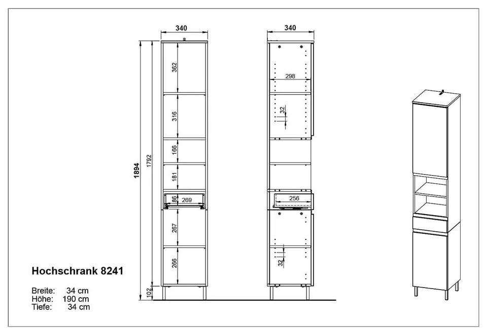 Тъмно сив висок шкаф за баня в дъбов декор 34x190 cm Salinas - Germania