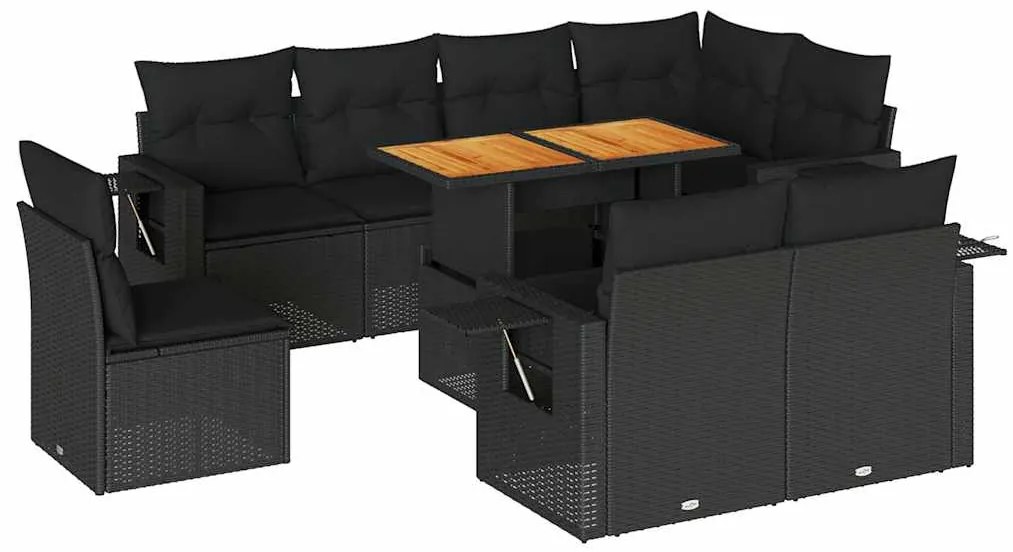 3327163 vidaXL Градински комплект диван с възглавници 9 части черен полиратан