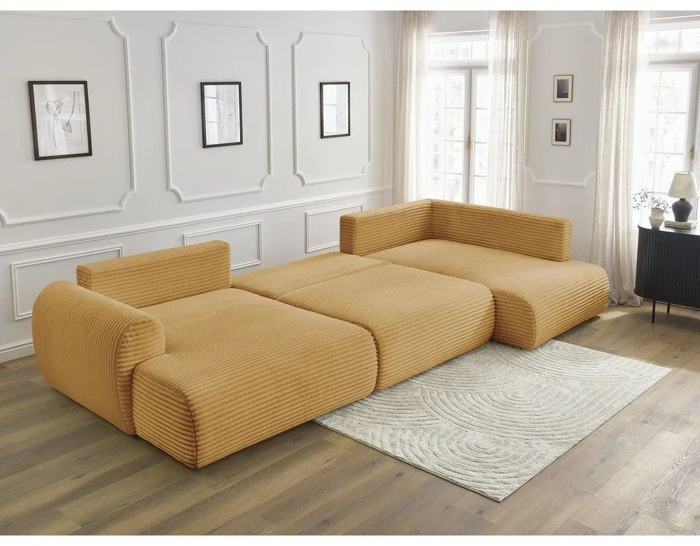 Разтегателен ъглов диван от рипсено кадифе в цвят горчица (ляв ъгъл/"U" форма) Lucien – Bobochic Paris