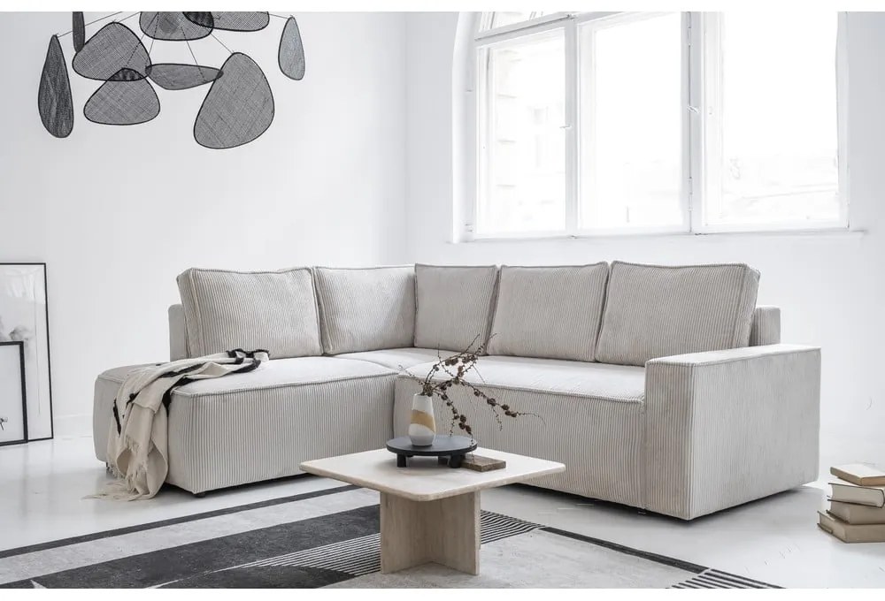 Бял разтегателен ъглов диван от рипсено кадифе (ляв ъгъл) Brave Dave – Miuform