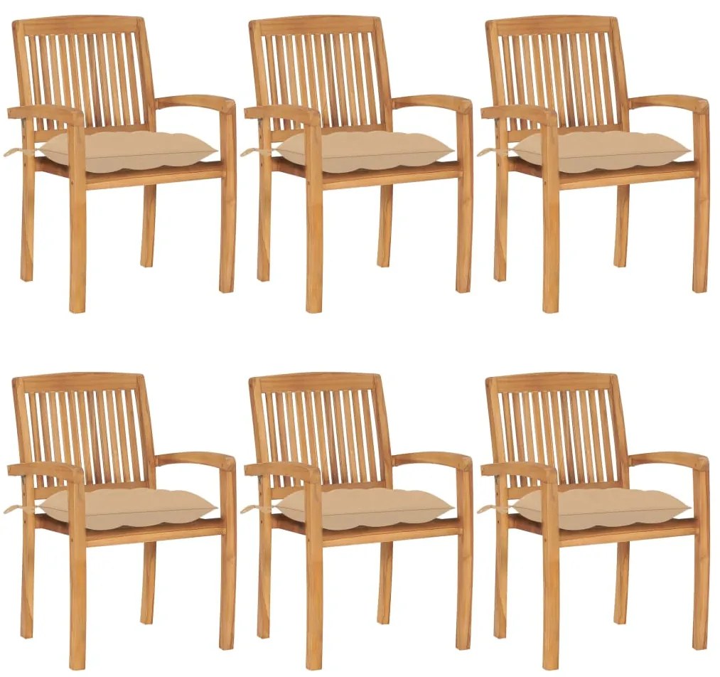 3073270 vidaXL Стифиращи градински столове с възглавници 6 бр тик масив