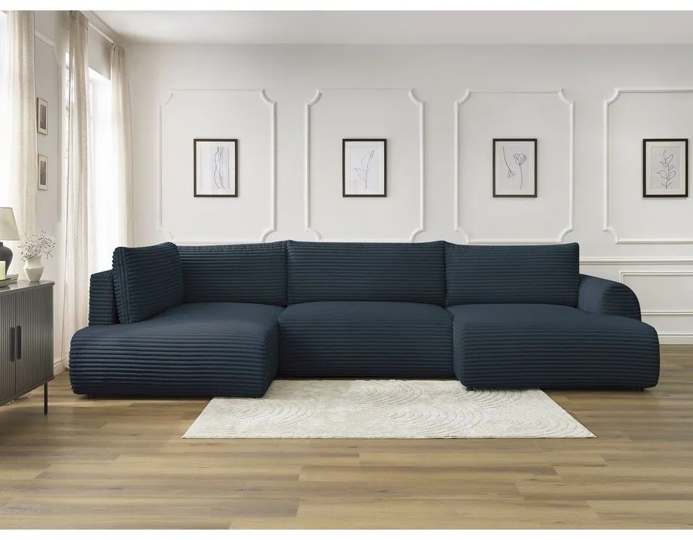 Тъмносин разтегателен ъглов диван от рипсено кадифе (десен ъгъл/"U" форма) Lucien – Bobochic Paris