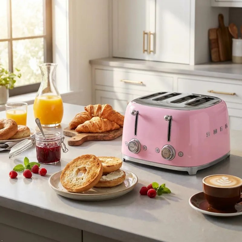 Тостер за хляб SMEG 50's Style TSF03PKEU, 2000W, 4 филии, 6 нива, Тавичка за трохи, Вграден кабел, Неръждаема стомана, Розов