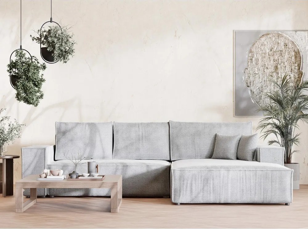 Светлосив шенилов сгъваем/с място за съхранение ъглов диван (десен ъгъл) Maze – Maison de Rêve