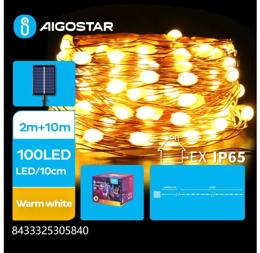 Aigostar - LED соларен коледен гирлянд 100 LED, 8 функции, 12м, IP65, топло бяло