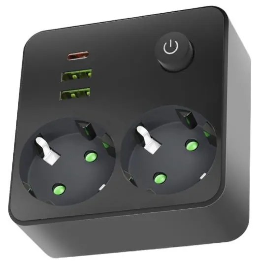 Разклонител с ключ LINEA 2x230 V + 3x USB A/C SCHUKO, черен