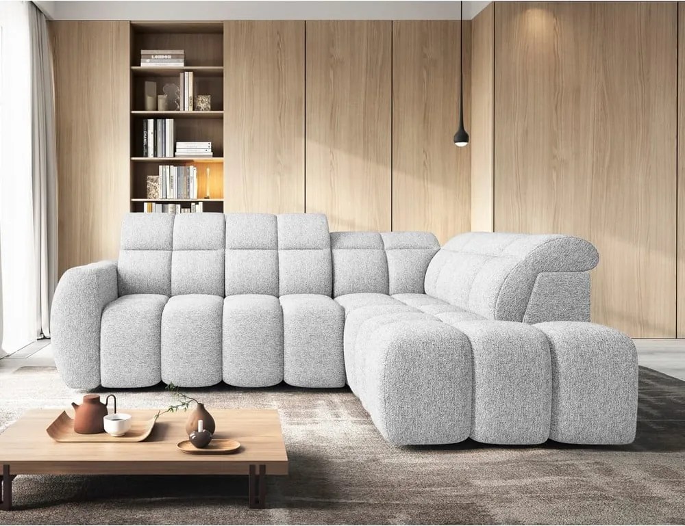 Светлосив разтегателен ъглов диван с място за съхранение от букле (десен ъгъл L форма) Falconn – ELTAP