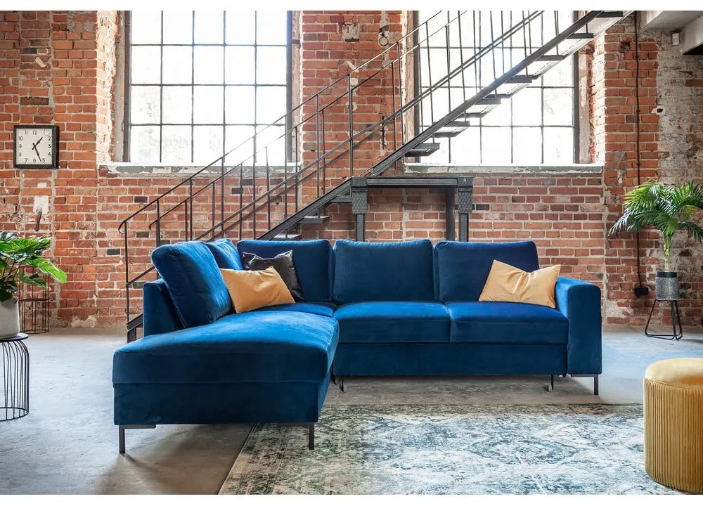 Тъмносин кадифен разтегателен ъглов диван (ляв ъгъл) Lofty Lilly – Miuform