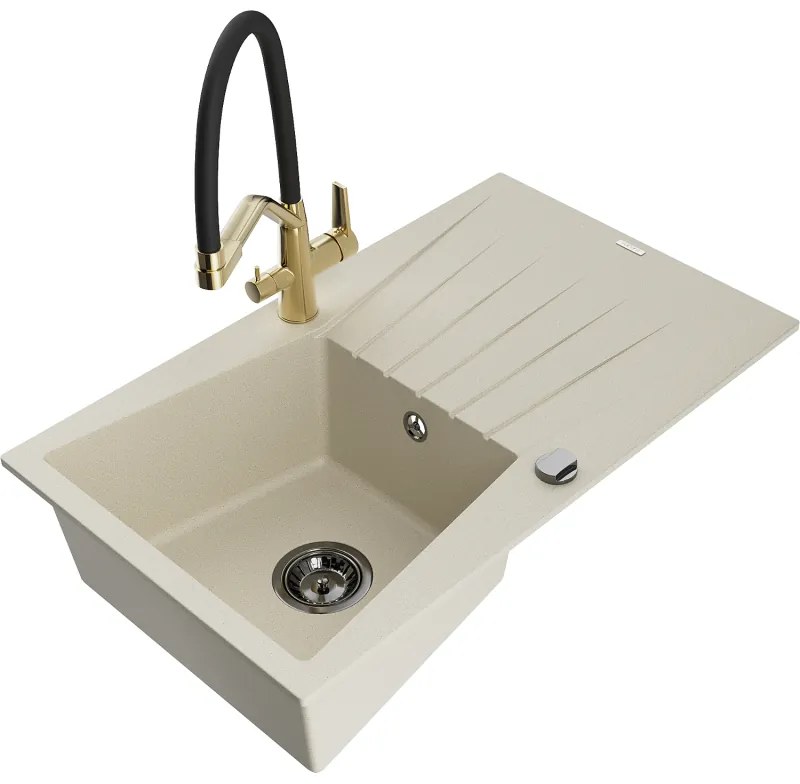 Mexen Cesar 1-коморна гранитна мивка с отцедник и кухненски смесител Duo, бежов - 6514-69-671701-57-B