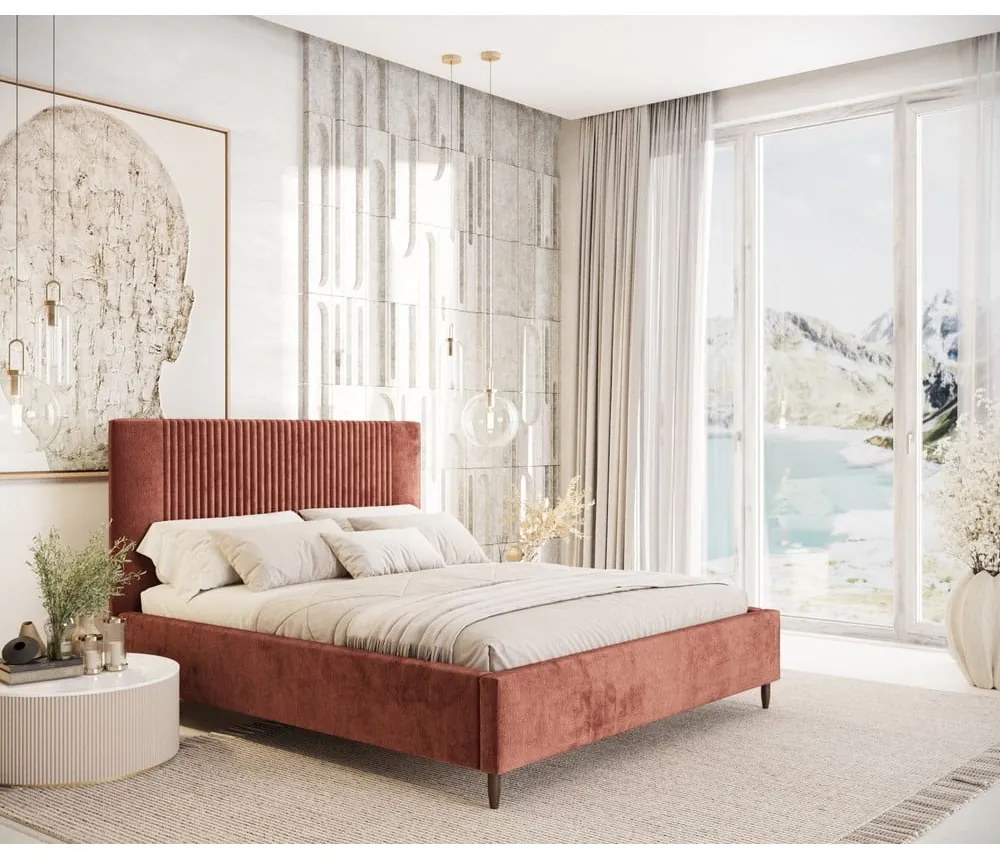 Двойно легло 160x200 cm тапицирано с място за съхранение с включена подматрачна рамка тухлен Etero – Maison de Rêve
