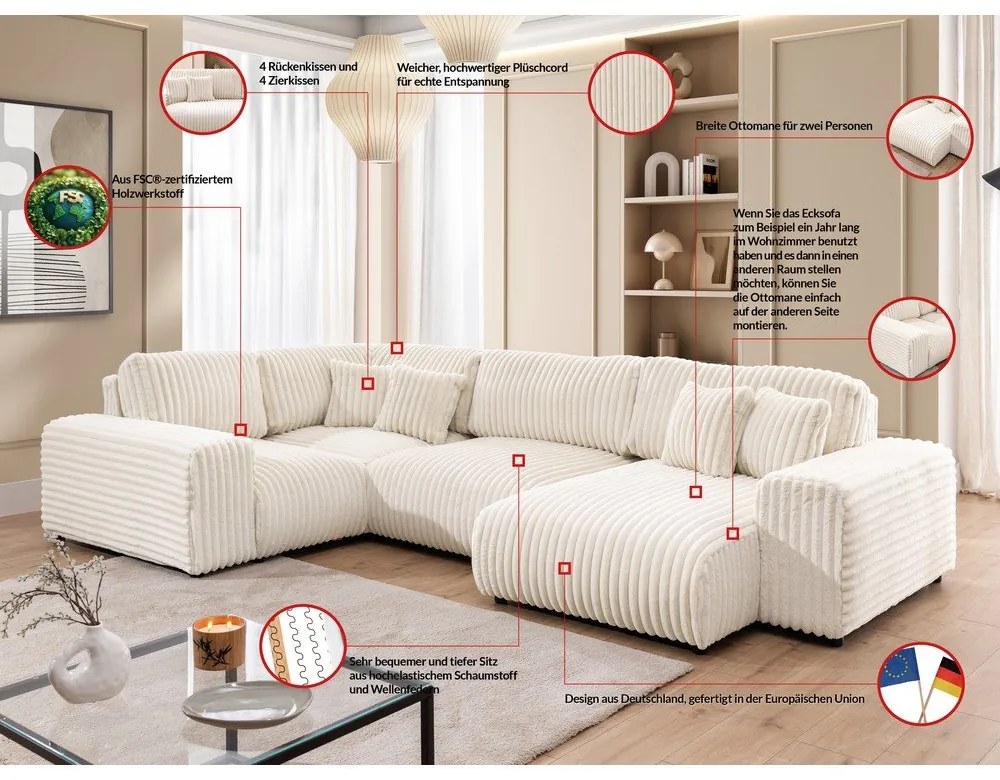 Кремав ъглов диван от рипсено кадифе (ляв ъгъл/U форма) Justin – Ropez