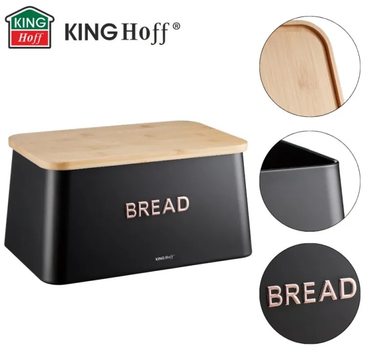 Кутия за хляб с капак за рязане Kinghoff KH 1948, 35 см, Бамбук, Стомана, Черен