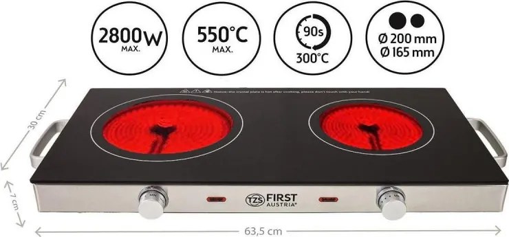 Разопакован: Двоен инфрачервен котлон FIRST FA-5096-7, 2800W, До 300C, Термостат, Стъклокерамика, Черен/инокс