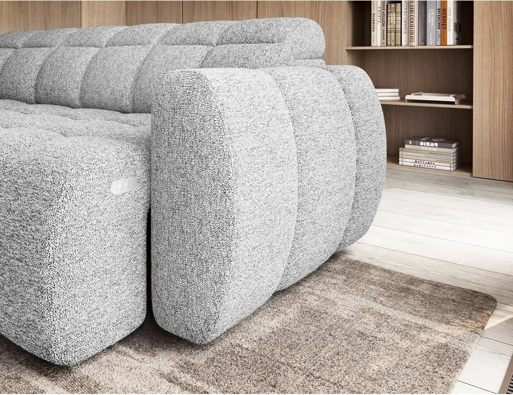 Светлосив разтегателен ъглов диван с място за съхранение от букле (ляв ъгъл L форма) Falconn – ELTAP