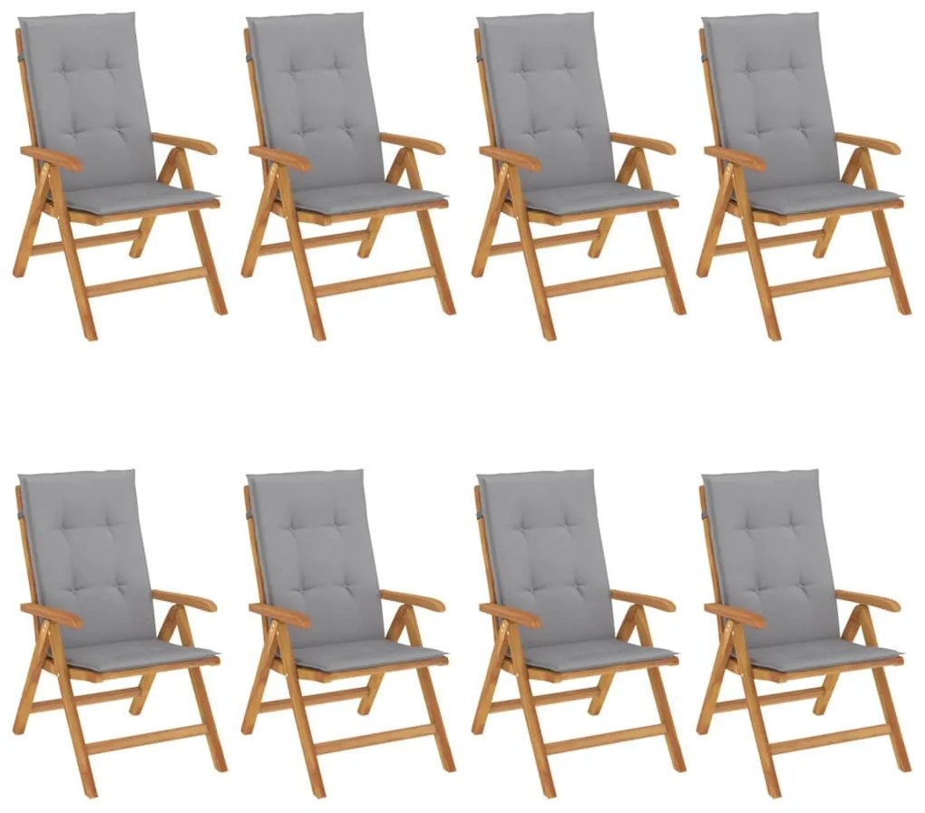 3196524 vidaXL Наклоняеми градински столове с възглавници, 8 бр, тик масив