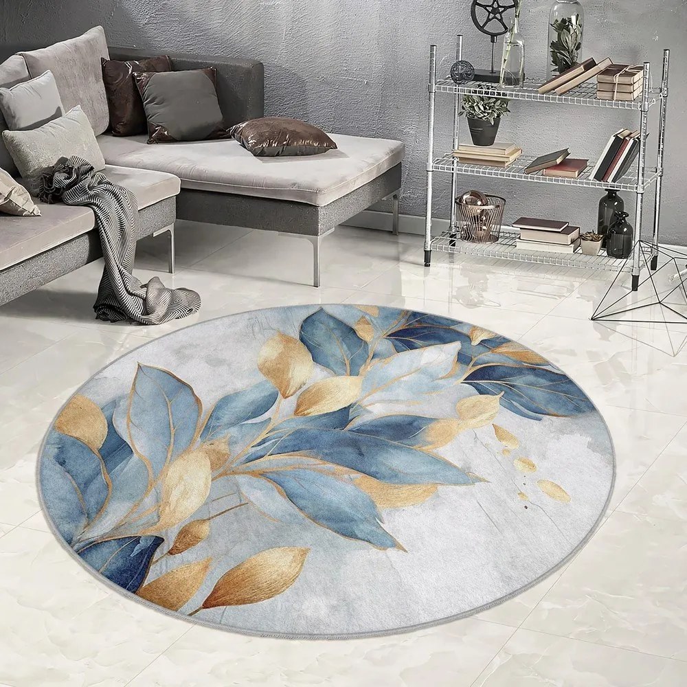 Синьо-златист кръгъл килим подходящ за пране ø 80 cm Golden Leaves – Mila Home