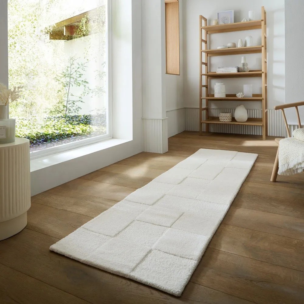 Ръчно изработена вълнена пътека в цвят слонова кост 60x230 cm Checkerboard – Flair Rugs