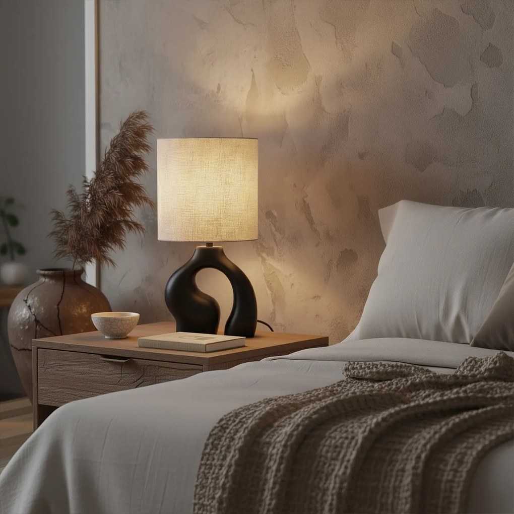 Japandi настолна лампа черна с ленен абажур - Dahlia