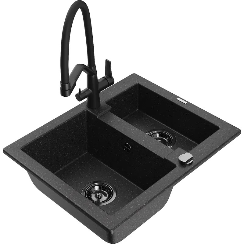 Mexen Carlos гранитна кухненска мивка 1,5-камерна с кухненски смесител Duo, черен/сребърен металик - 6518-73-671701-70-B