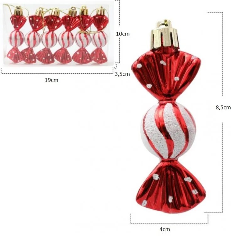Коледна украса червени бонбони - блестяща украса за елха 6 бр.