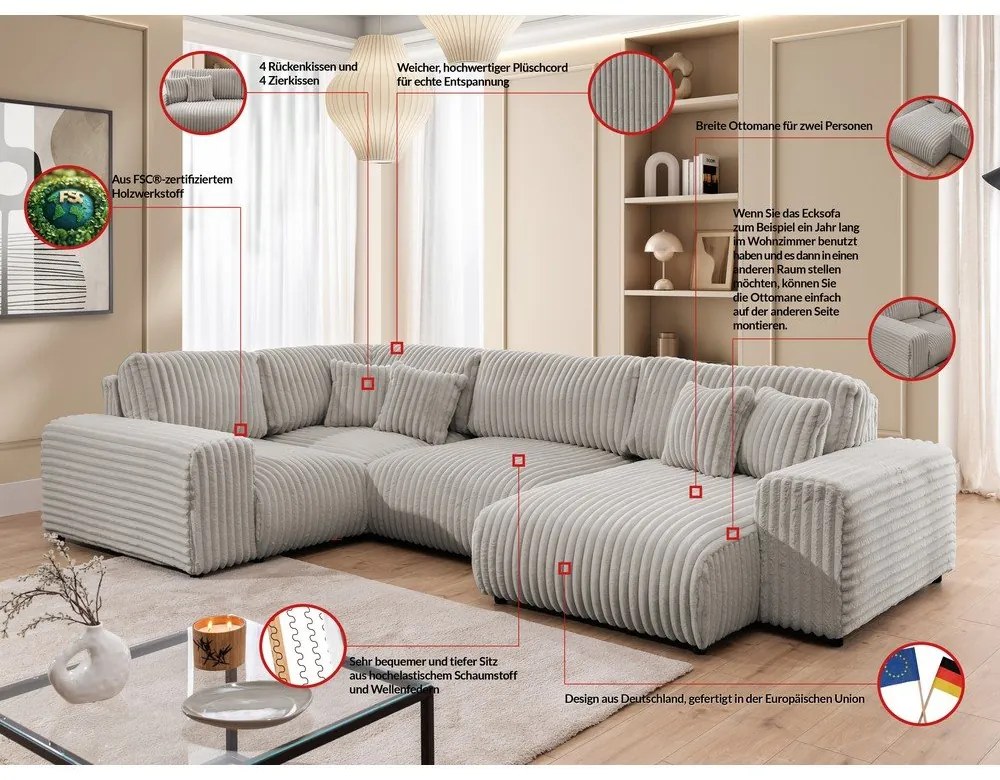 Светлосив ъглов диван от рипсено кадифе (ляв ъгъл/U форма) Justin – Ropez