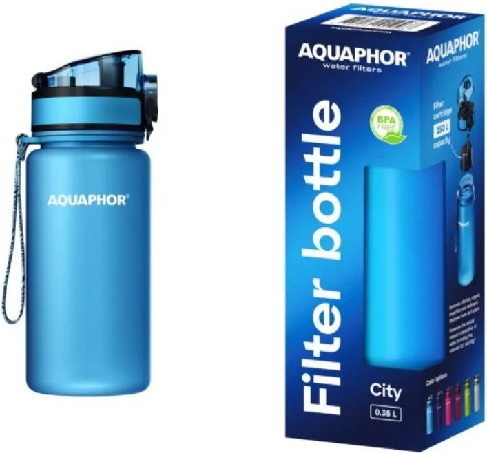 Филтрираща бутилка за вода Aquaphor City 160026, 350 мл, Тритан, Активен въглен, Aqualen, Заключващ се капак, Син