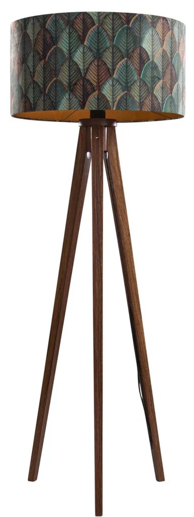 Подова лампа от орехово дърво с велурен абажур с дизайн на листа 50см - Tripod Classic