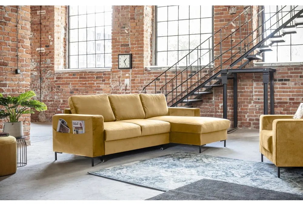 Ъглов разтегателен диван от кадифе в горчично жълто, десен ъгъл Lofty Lilly - Miuform