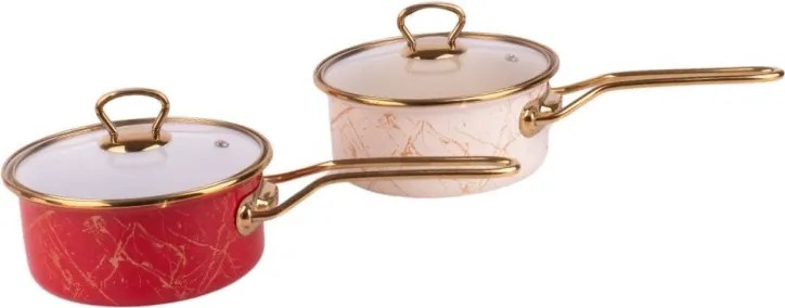 Касерола със стъклен капак Goldmann GM 4521-18B, 18x9 см, 2л, Емайл, Индукция, Бял/Старо Злато