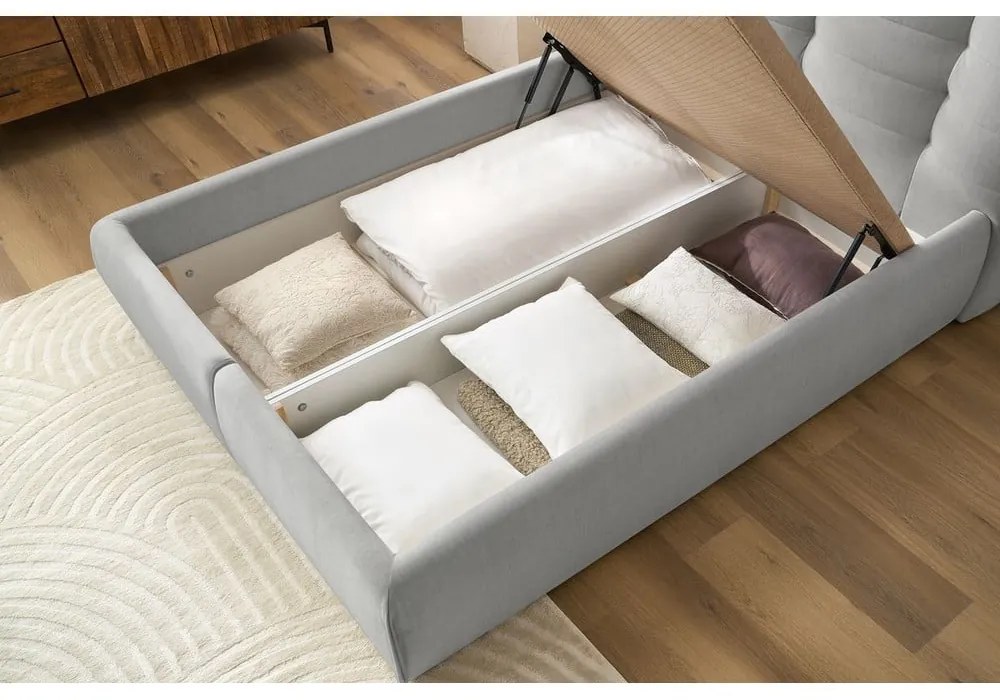 Светлосиво тапицирано двойно легло с място за съхранение с решетка 180x200 cm Clothilde - Bobochic Paris