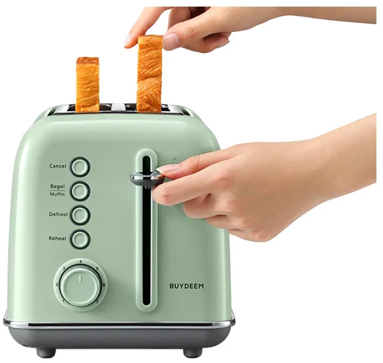 Тостер за хляб BUYDEEM DT620E, 900W, 2 слота, 7 автоматични програми и нива на препичане, LED индикатори, Тавичка за трохи, Зелен