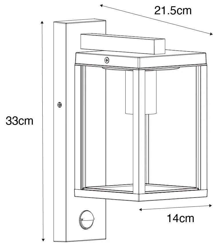 Външен стенен фенер черен с оребрено стъкло и сензор за движение - Charlois
