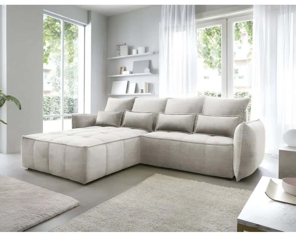 Бежов кадифен разтегателен ъглов диван с място за съхранение (ляв ъгъл) Campo – ELTAP