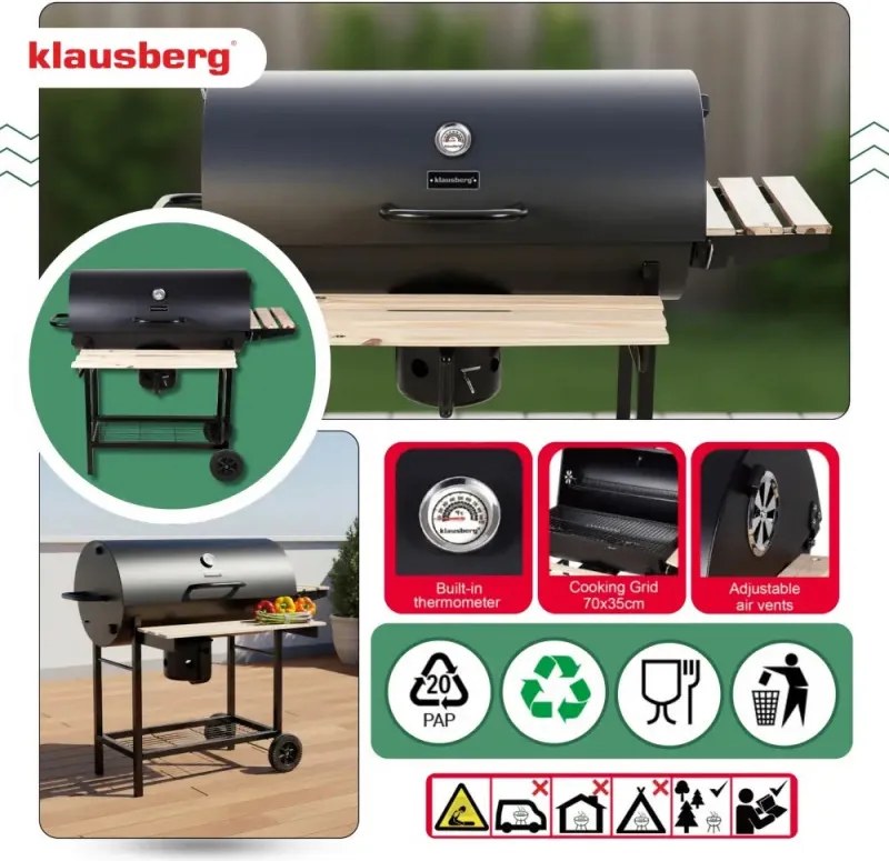 Барбекю на дървени въглища Klausberg KB 9033, Заключващ се капак, Термометър, Странични поставки, Чекмедже за пепел, Колелца, Стомана, Черен