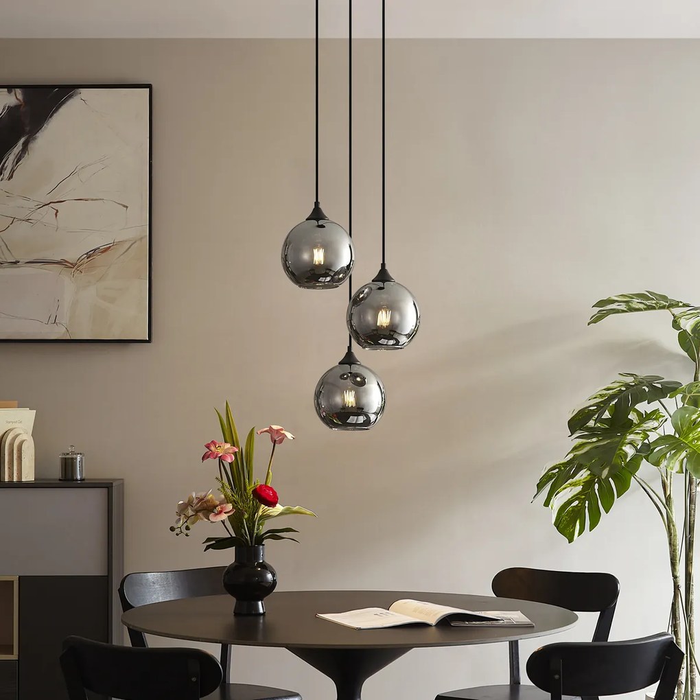 Арт Деко висяща лампа черна с димно стъкло 3 светлини - Wallace