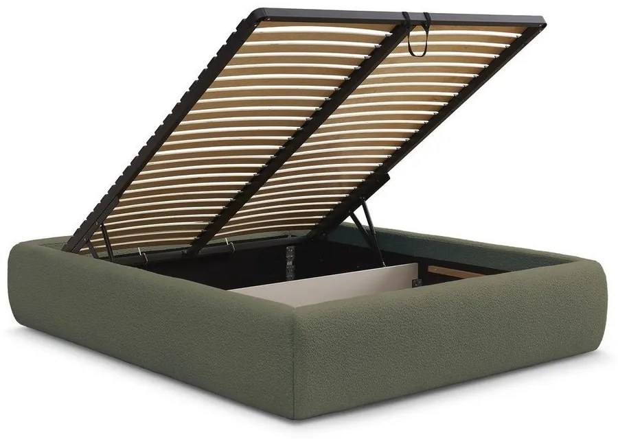 Тъмнозелено тапицирано двойно легло без табла с място за съхранение и включена подматрачна рамка 180x200 cm Inera – Bobochic Paris