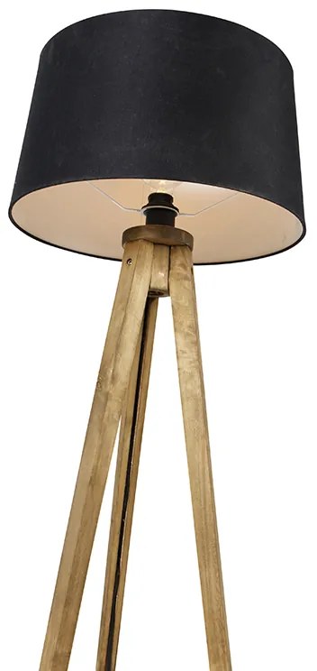 Рустикална триножна винтидж лампа от дърво с ленен абажур черен 45 см - Tripod Classic