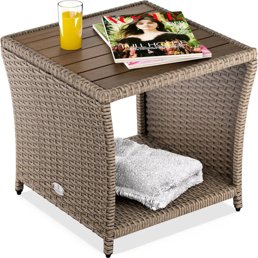 Странична маса от полиротанг с плот от акациева дървесина 45 × 45 cm Сив