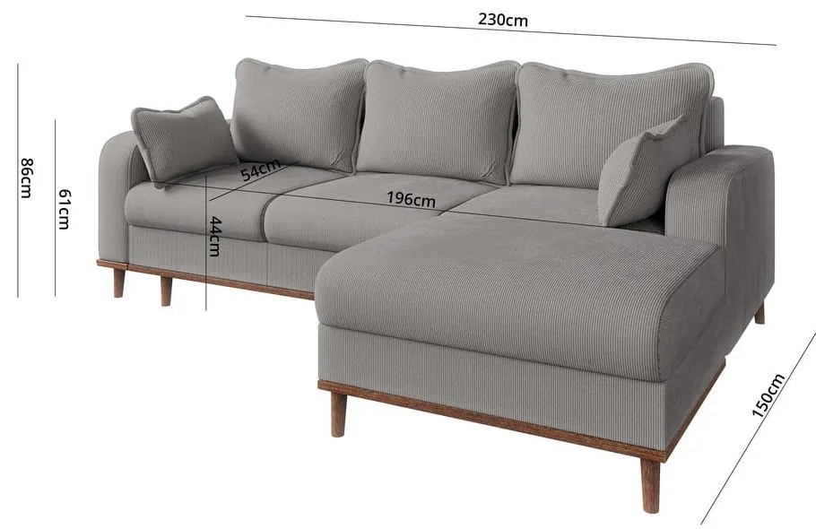 Светлосив ъглов диван от рипсено кадифе (десен ъгъл) Beata – Ropez